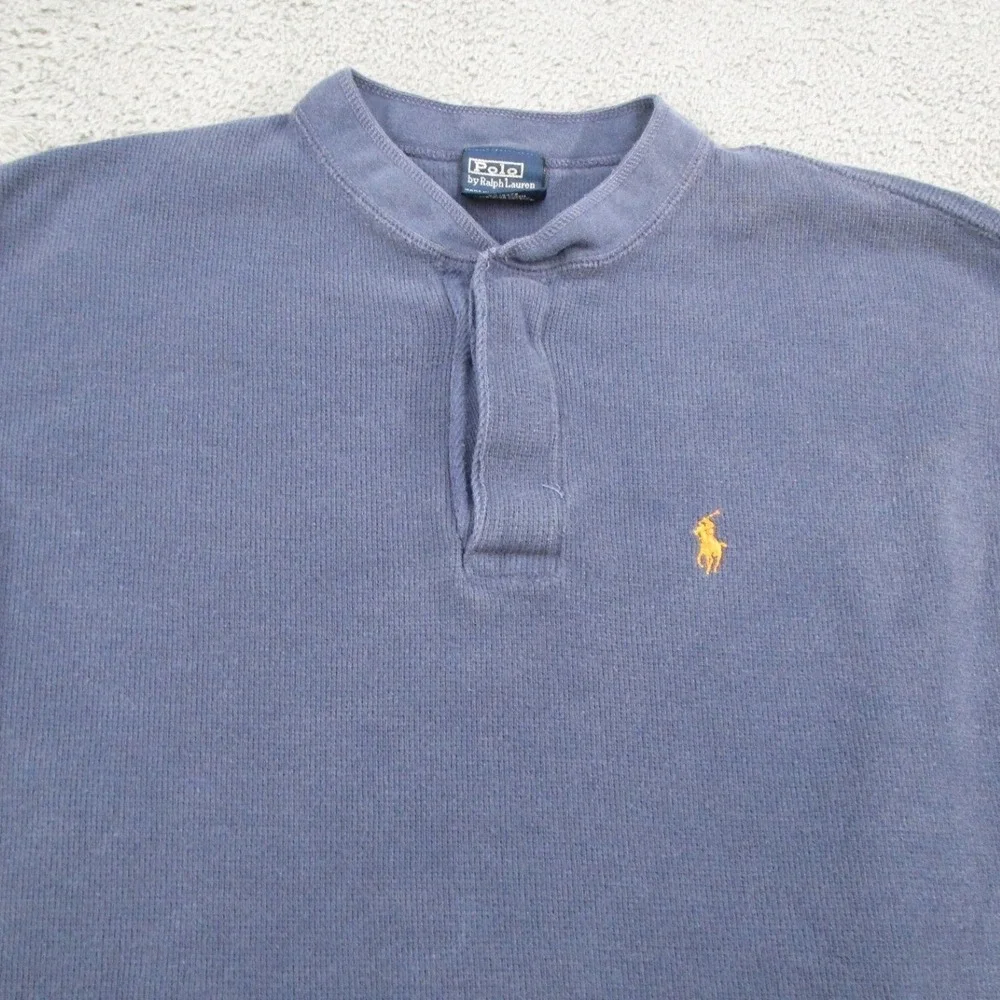 Polo Ralph Lauren Mens L Blue Waffle Knit Long Sleeve Henley Shirt Orange Pony